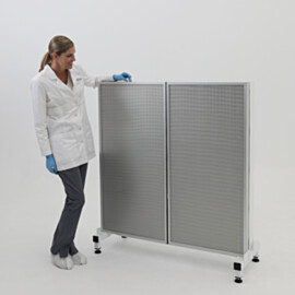 Front side of horizontal laminar flow module; 2 HEPA fan filter units mounted on a base stand