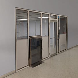 Custom cleanroom wall partition with 2" square stainless steel frame, passthrough chamber and door; panels top half static-dissipative PVC, bottom half | 6600-11 displayed