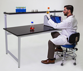 Epoxy resin top laboratory table with sturdy powder-coated steel base, shown with custom overhead shelf | 2903-09 displayed