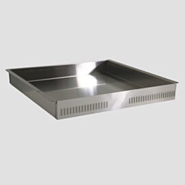 304 Stainless steel solid-bottom tray with extra depth for desiccators 21.3" W x 14.5" D x 2.6" H, single-sided perforation | 1978-04 displayed