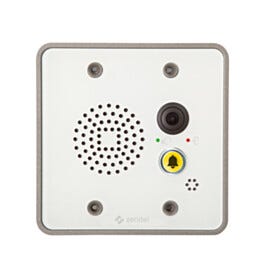 Compact audio/video intercom system sits flush in an aluminum alloy base frame and smooth acrylic face plate  |  6711-12 displayed