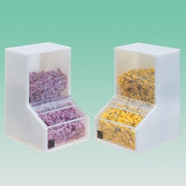 Acrylic Dispensing Bins by Terra Universal with hinged lids for easy one-hand dispensing  |  4950-12 displayed