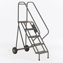 OSHA Steel Folding Ladders with handrails, EZY-Tread or Grip-Strut by EGA Products in 5- to 12-step models, 10" diameter wheels and 1" square tube construction  |  2812-PP-04 displayed