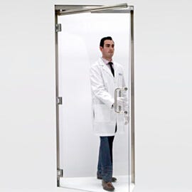 Polycarbonate frameless door with stainless steel jambs and spring loaded hinges  |  6709-20-L displayed
