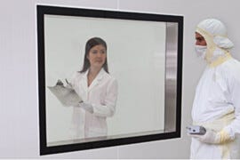 Shown:  47" x 36" BioSafe powder-coated cleanroom window flush-mounted in a BioSafe Cleanroom with FRP finish  |  6603-26-1202 displayed