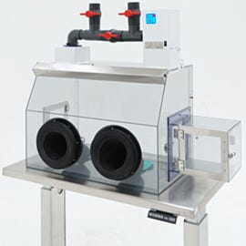 Glove box with filtration module adjustable to single-pass or continuous recirculation operation, shown with optional air lock | 3306-62 displayed