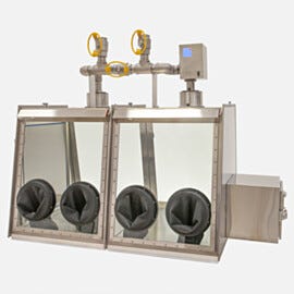 Stainless steel twin glove box adjusts to open-loop, single-pass operation or closed-loop, continuous recirculation (air lock optional) | 1694-90 displayed