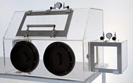 Series 200 negative-pressure glove box with front access panel (shown with optional port covers and airlock) | 1681-13D displayed
