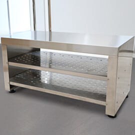 Solid-top 36"L gowning bench includes perforated shelves for bootie storage  |  1540-15 displayed