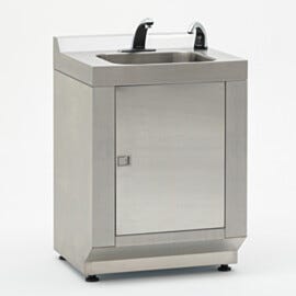 Single-sink modular cleanroom hand washing station in 304 stainless steel with hands-free faucet and automatic IR beam soap dispenser included | 9600-83B displayed