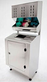 BioSafe® stainless steel glove dispenser is mounted on a stainless steel waste disposal cabinet  |  4951-34A-2 displayed