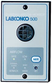 115V and 230V Guardian 500 Airflow Monitor by Labconco factory-prepared cutout on upper portion of Protector and Xstream Hoods; #9723213 and #9743214 | 3646-56 displayed