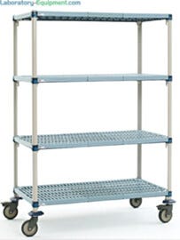 Four-tier cart with quick adjust shelves and removable polymer shelf mats, their open grid design allows air and light penetration  |  1534-33 displayed