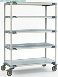 Antimicrobial five-tier cart with solid bottom MetroMax i shelf and polyurethane casters, ideal for placement in walk-in coolers  |  1534-44 displayed