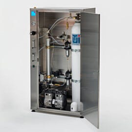 Compact portable N2 generator features prefilters, nitrogen membrane, oil-free compressor, gas cylinder, and pressure booster  |  2700-12D-P displayed