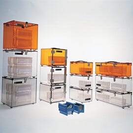 Stackable portable plastic desiccator dry box chambers maintain clean, dry environment during parts transit | 9302-20B displayed