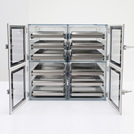 Semiconductor desiccator cabinet with faraday cage, 4 chambers with 2" deep sliding trays, for storage of sensitive microelectronics  |  2517-34A displayed