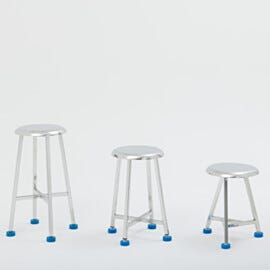 Industrial stainless steel lab stools with adjustable leveling feet, available in three different heights for laboratory and cleanroom applications.  |  2806-PP-02 displayed