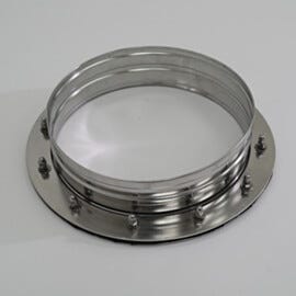 Exterior of 304 stainless steel glove port; 12" diameter round, with neoprene gaskets | 1672-08-2 displayed