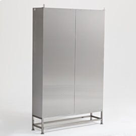 Stainless steel bootie rack backing sheet prevents items from falling out of cubbies | 3055-23-4814 displayed