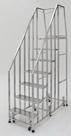 Narrow cleanroom stairs; electropolished stainless steel, perforated steps with platform and safety rail  |  2805-10B-316 displayed