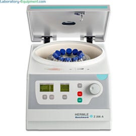 Hermle’s Z206 compact centrifuge, with maximum speed of 6,000 rpm, holds tubes in swing-out or angle rotors  |  2823-51 displayed