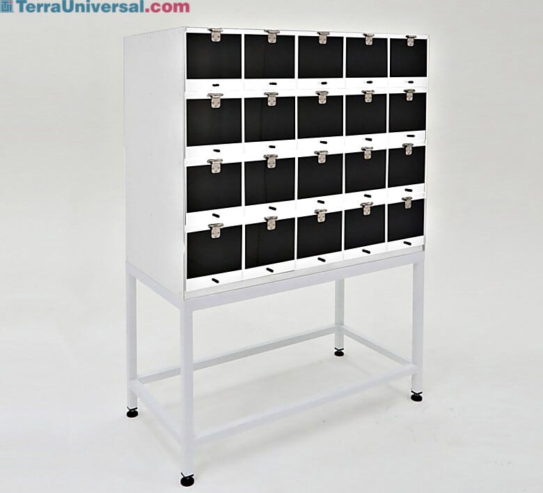 20-Compartment cold rolled steel cabinet shown with optional stand. | 4105-23 displayed
