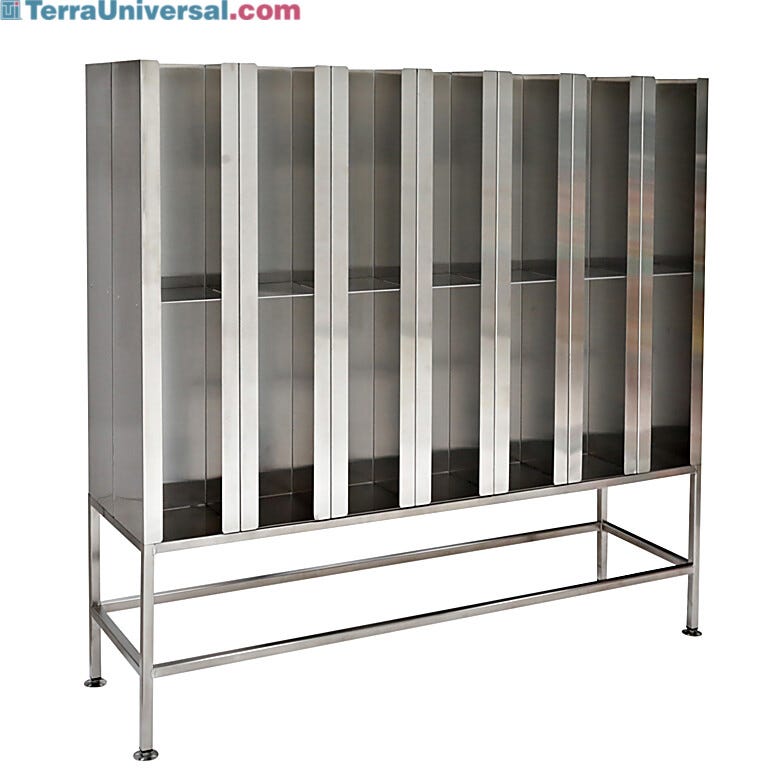 304 stainless steel cubbies with slotted footplates, double-sided with 28 compartments, 14 per side  |  4955-05 displayed