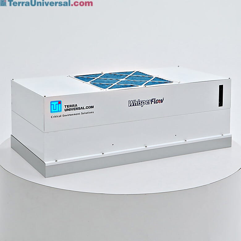 Uninterruptible Power Supply (UPS) mounted on top of FFU allows battery operation during power outage; status indicator lights provide visual alerts  |  6601-24A-H-EC-BP displayed