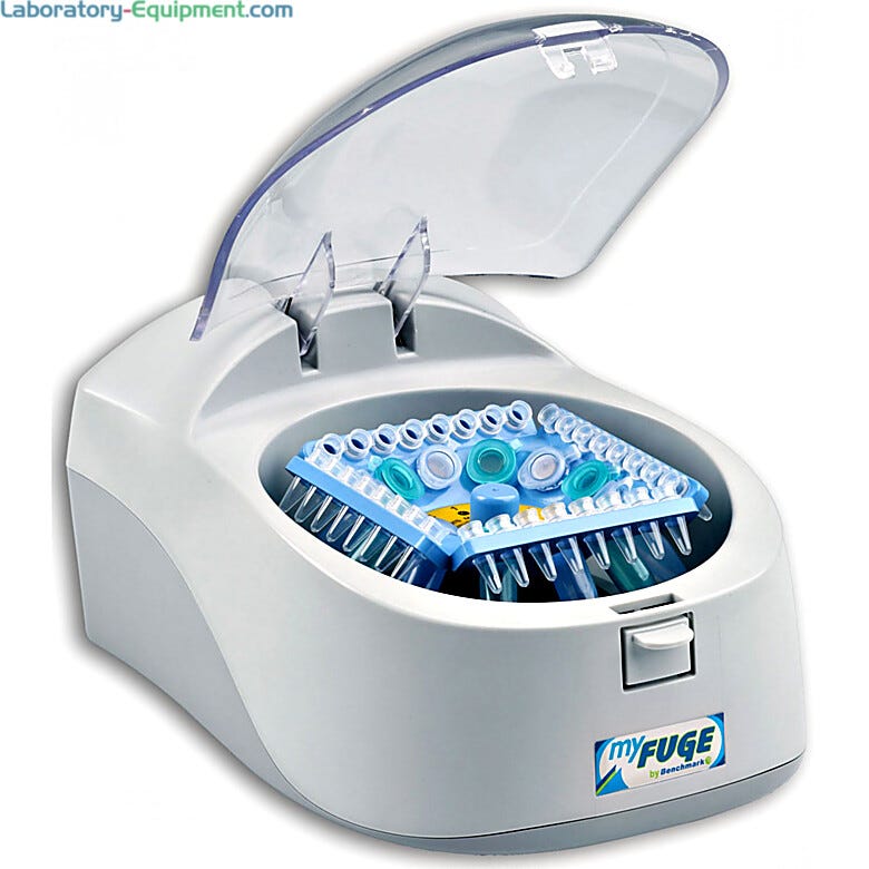 Benchmark’s myFuge 12 centrifuge with the COMBI-rotor that holds microtubes and PCR strips simultaneously | 2825-00 displayed