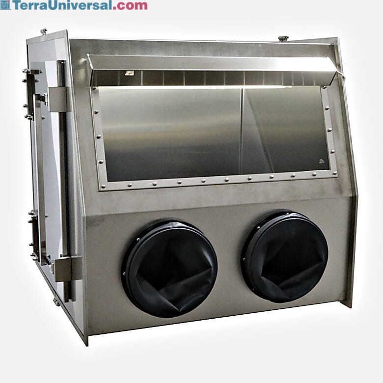 Series 400 Stainless Steel 2-Port Glove Box shown with optional side access door and neoprene gloves  |  1694-13B displayed