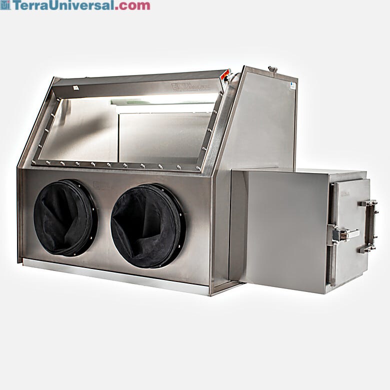 Stainless Steel Single Series 300 Glove Box Isolator includes Tempered Glass Window Right Airlock, and port for NitroWatch sensor | 1694-01C displayed
