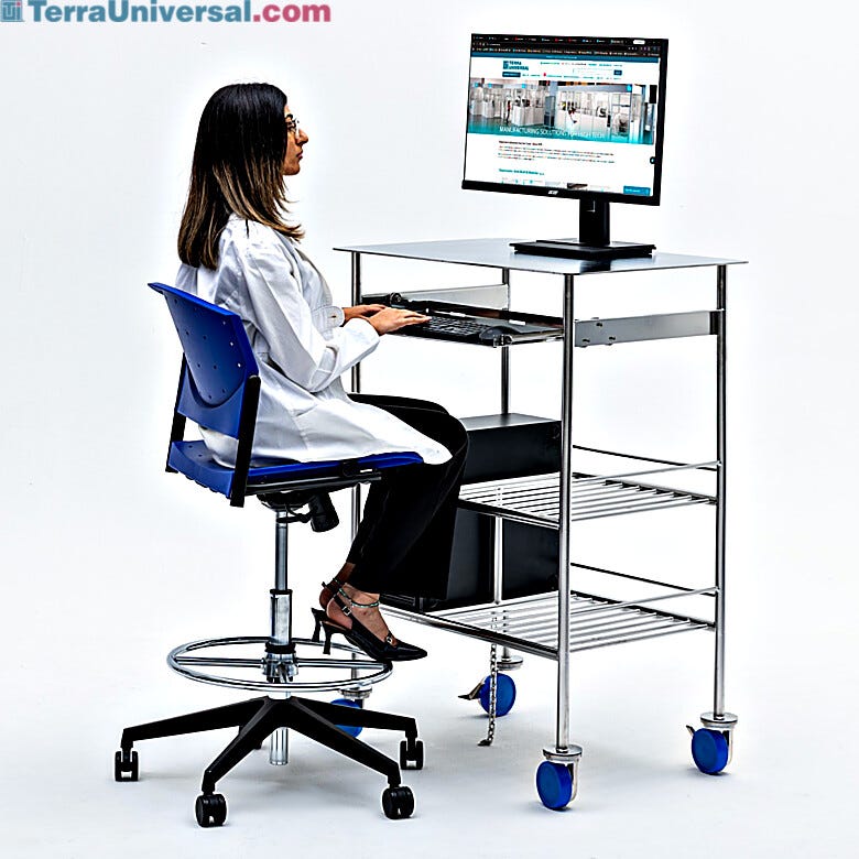 316L Stainless Steel cleanroom computer cart made with stainless steel rods to promote laminar flow | 9600-19A displayed