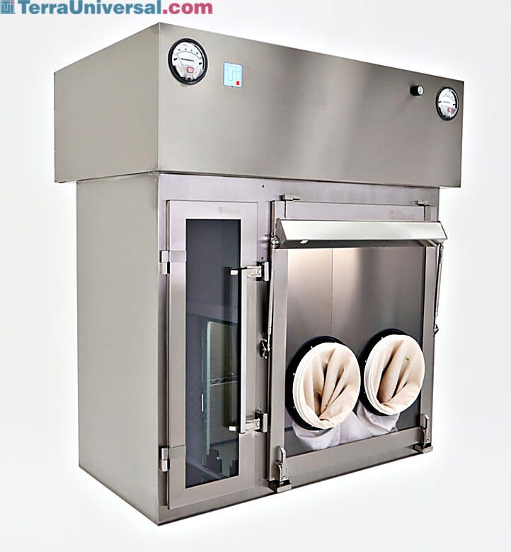 Stainless Steel USP 797 Compounding Aseptic Isolator shown with optional Hypalon gloves/sleeves | 2900-56B displayed