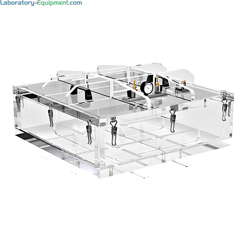 Transparent plexiglass vacuum chamber in a wide, flat configuration and top lid with vacuum gauge and needle valves installed | 3305-77 displayed