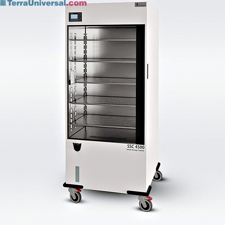 Large sterile storage cabinet with five shelves included for storing sterile medical equipment in a clean air, controlled environment  |  3947-00 displayed