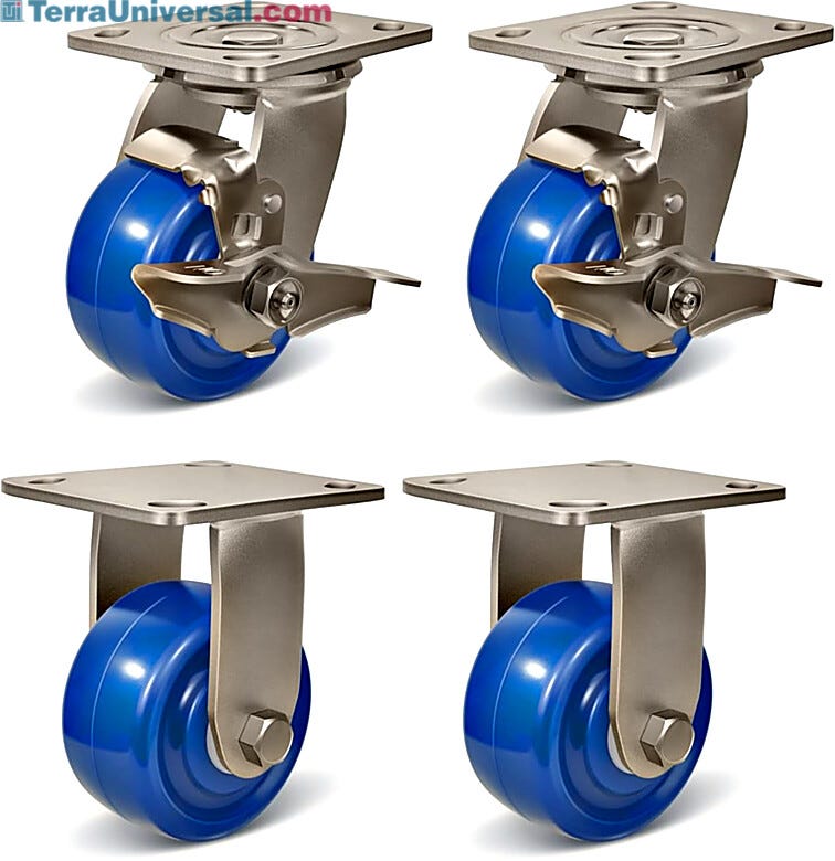 Four stainless steel casters with polyurethane wheels, 2 swivel with brakes, 2 rigid | 1701-95 displayed