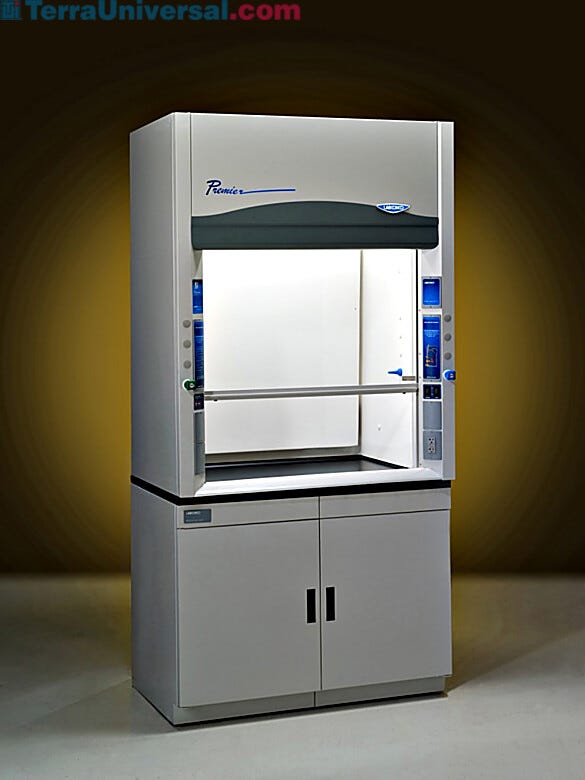 Four foot Protector Premier laboratory fume hoods by Labconco shown with optional storage cabinets | 3649-00 displayed