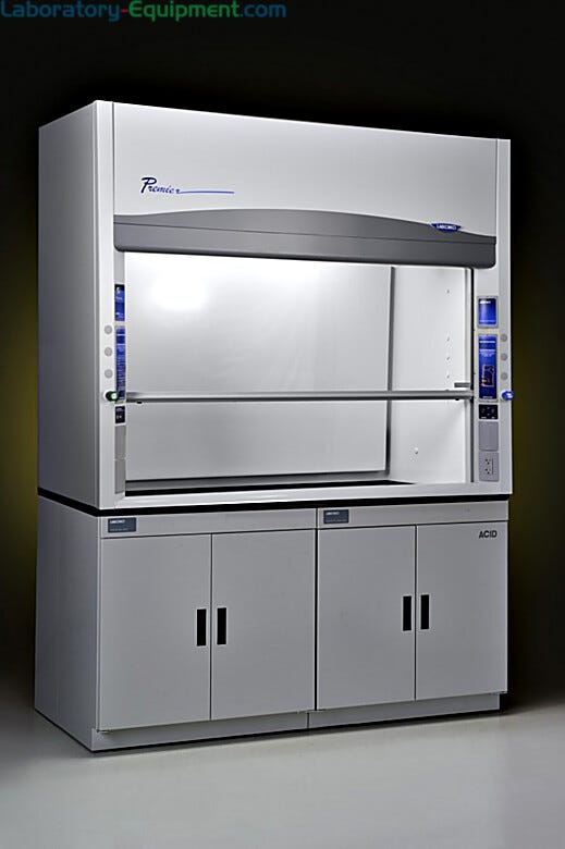 Eight foot Protector Premier laboratory fume hoods by Labconco shown with optional storage cabinets | 3649-36 displayed
