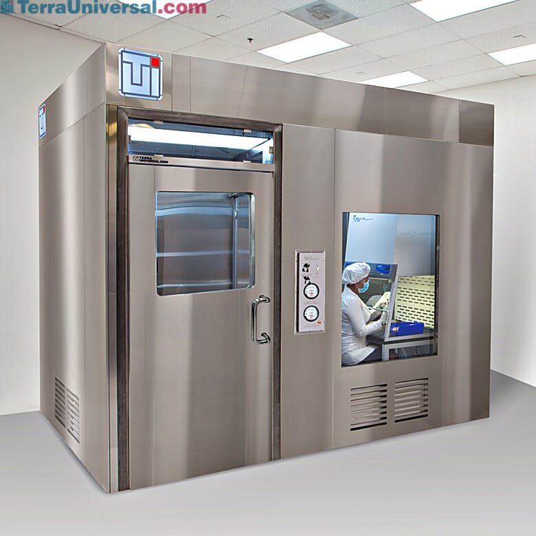 Shown is an all stainless-steel USP800 compounding room, including ante-room and buffer room  |  2899-06-SS displayed