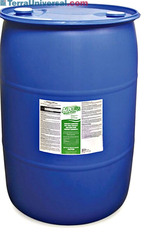 Bulk storage of 50 gallons of Alpet D2 Quat-Free Surface Sanitizer refill in large bin by Best Sanitizer