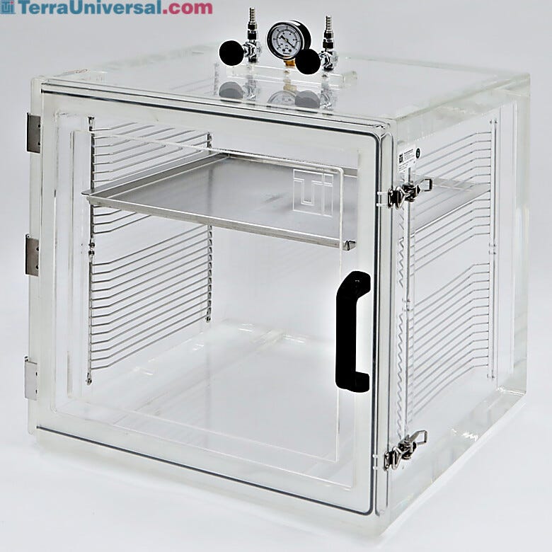 Clear acrylic vacuum desiccator cabinet with front swing door, 2 adjustable shelf racks, vacuum gauge and needle valves | 5235-83 displayed