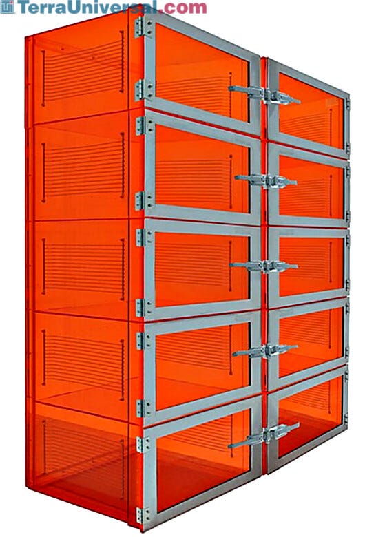 Amber acrylic ten chamber desiccator cabinet includes stainless steel shelf racks, stainless steel-reinforced doors, a flowmeter and relieve bleed valve (not sh  |  3950-66D displayed