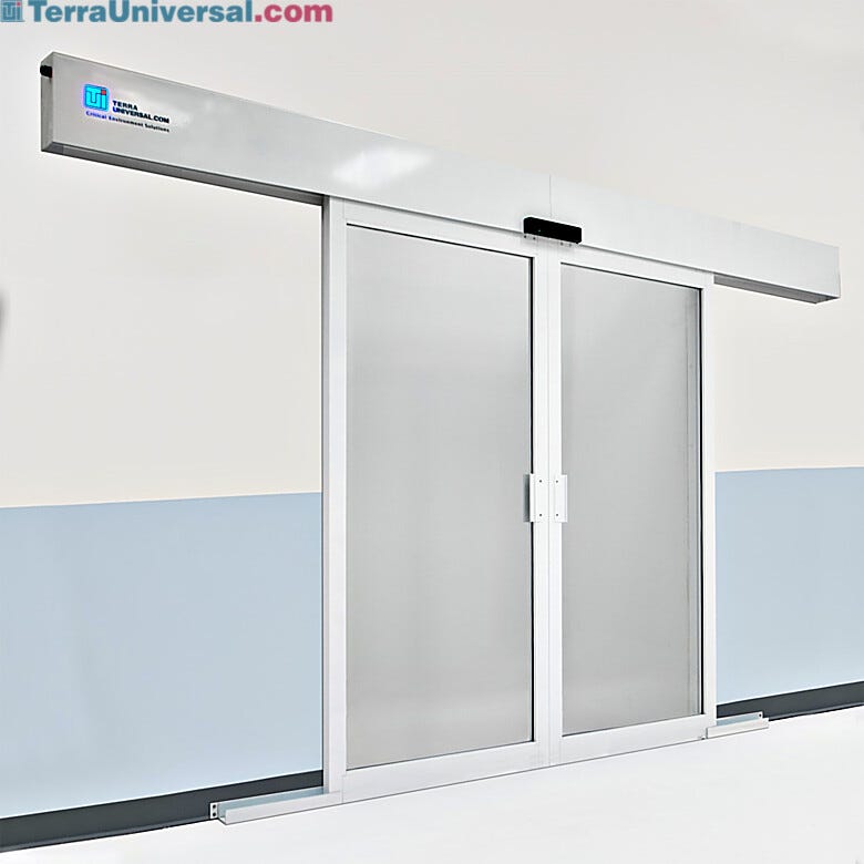The Powder-Coated Aluminum Automatic Double Bi-Parting Sliding Door will auto reverse when something obstructs the path of the door  |  6709-17 displayed