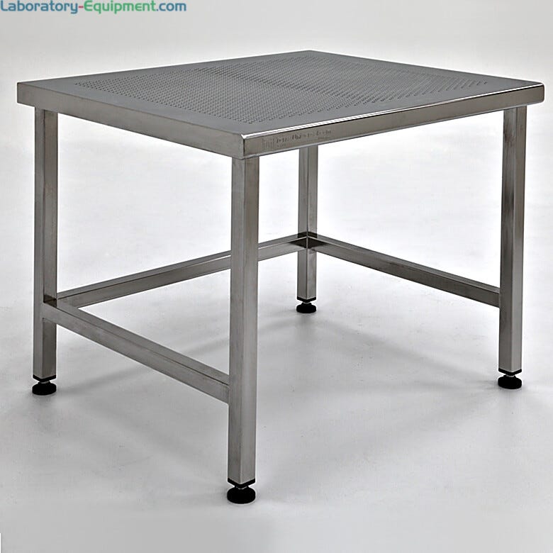 ISO 5-compatible 304 stainless steel table includes perforations to enhance air flow-through and minimize dust accumulation  |  9604-67 displayed