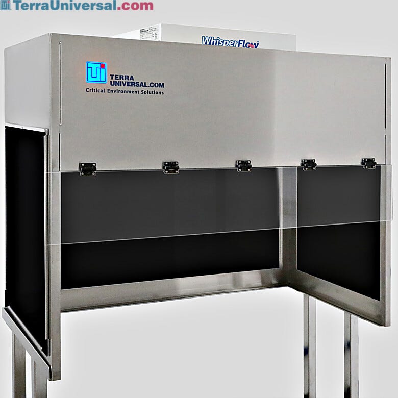 BioSafe® benchtop vertical laminar flow hood with opaque black acrylic panels to block ambient light; front shield is transparent static-dissipative PVC | 1688-BA-4830 displayed