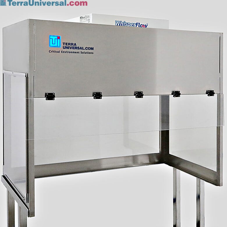 BioSafe® vertical laminar flow hood with polycarbonate panels; Cracks less easily with ~250x impact resistance of glass, 15x impact resistance of acrylic | 1688-PC-4830 displayed