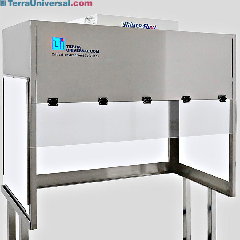 BioSafe® benchtop vertical laminar flow hood with opaque polypropylene panels for excellent chemical resistance; front shield is transparent static-dissipative   |  1688-FM-4830 displayed