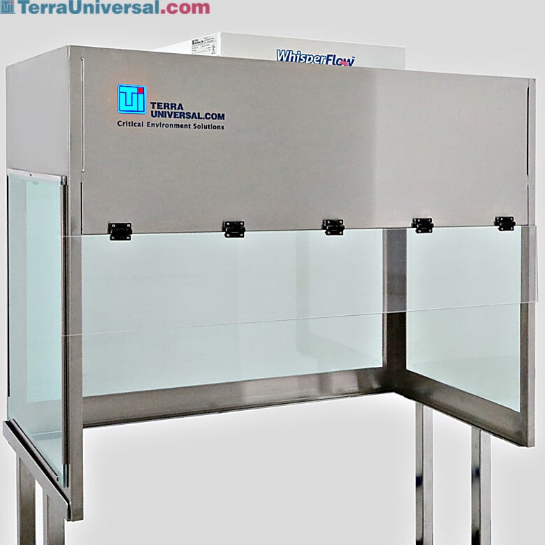 BioSafe® benchtop vertical laminar flow hood with tempered glass panels combines visual clarity with broad chemical resistance | 1688-TG-4830 displayed