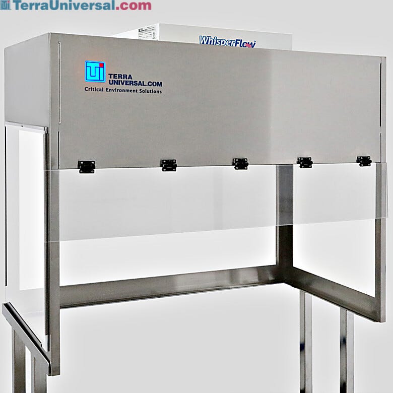 BioSafe® vertical laminar flow hood with translucent white acrylic panels gives privacy with some ambient light; front sash is transparent SD-PVC | 1688-WA-4830 displayed